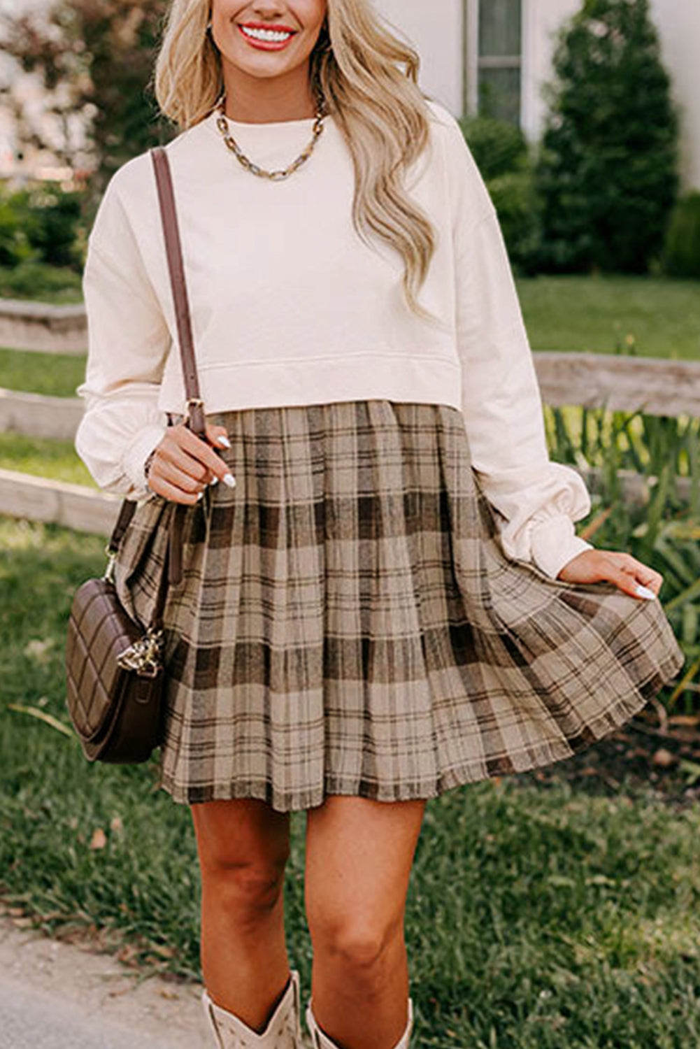 Fall Ready - Beige Plaid Patchwork High Waist Sweatshirt Mini Dress