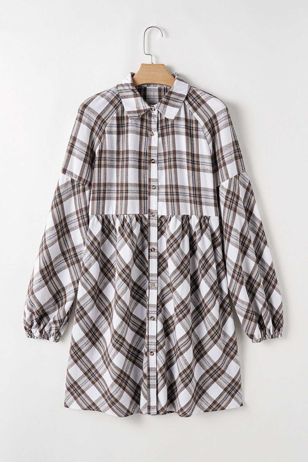 Country Love Dress - White Plaid Bubble Sleeve Flowy Shirt Dress