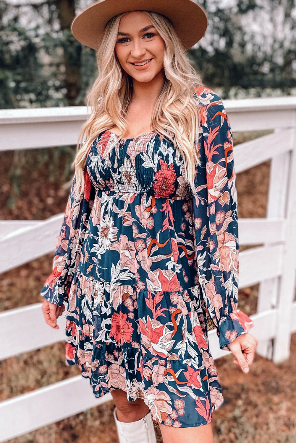 Dark Blue Floral Smocked Tiered Ruffle Puff Sleeve Short Dress