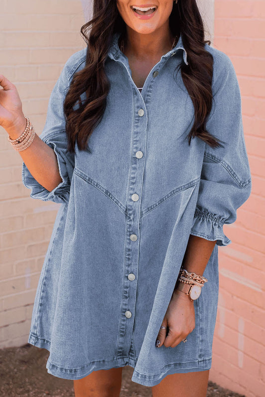 Light Blue Casual Buttoned Ruffle Denim Short Dress