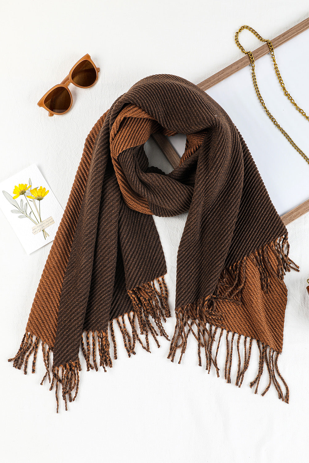 Khaki Bohemian Fringe Trim Textured Scarf