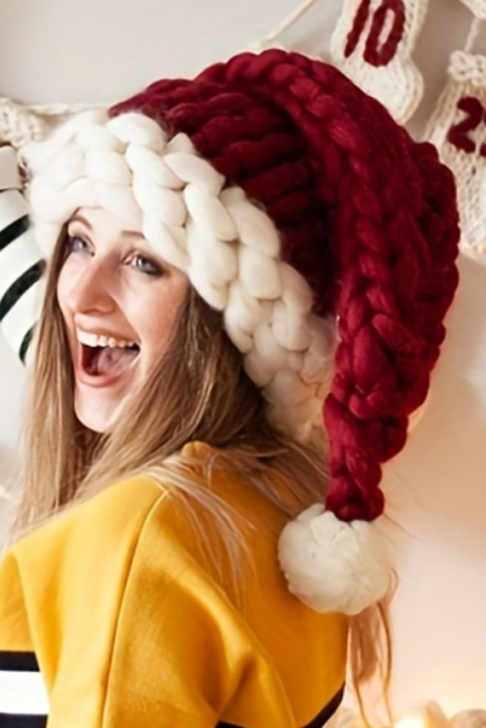 Crochet Santa Hat - Red Dahlia Color Block Pom Pom Decor Chunky Knitted Christmas Hat