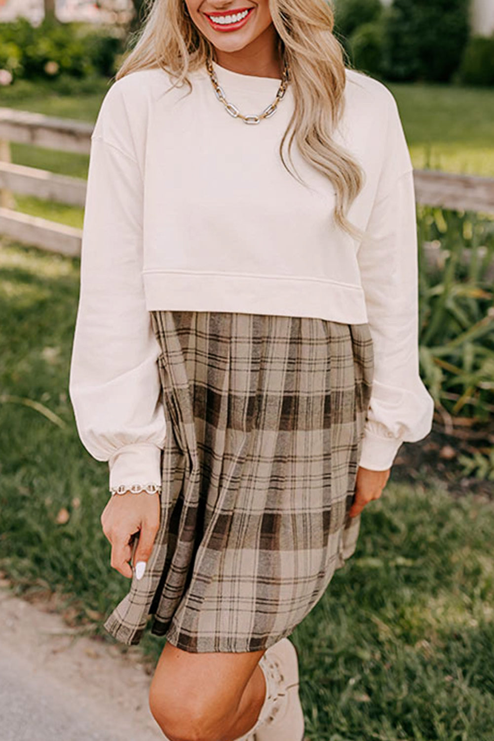 Fall Ready - Beige Plaid Patchwork High Waist Sweatshirt Mini Dress