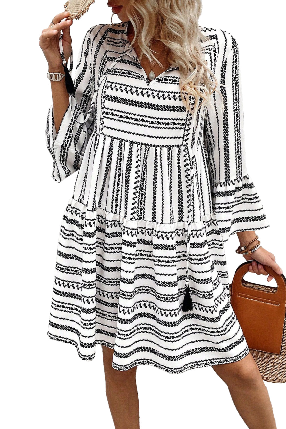 Black Striped Fringe Tie Neck Bell Sleeve V Neck Mini Dress