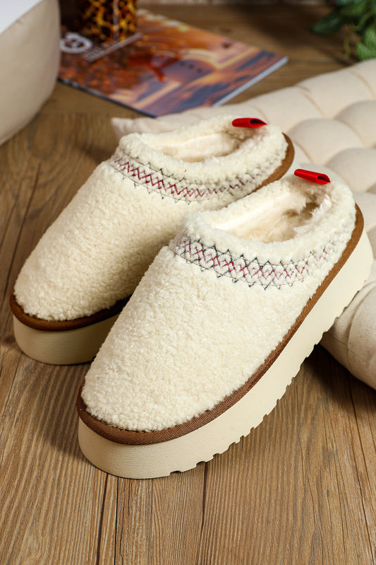 Cozy White Suede Contrast Print Plush Thick Sole Slippers