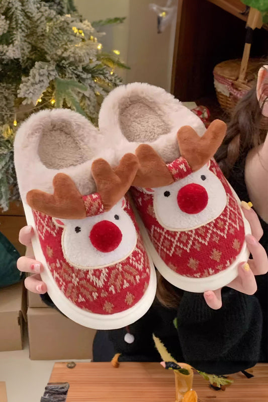 Cute Red Christmas Cartoon Reindeer Plush Home Slippers