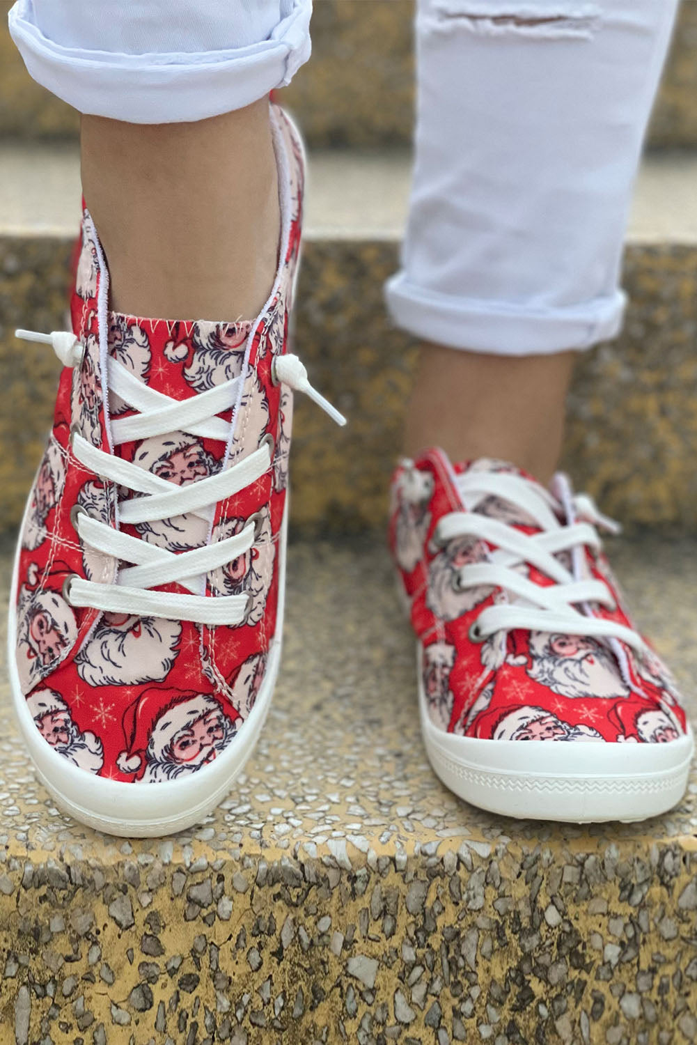 Christmas Santa Red & White Print Lace Up Flat Sneakers