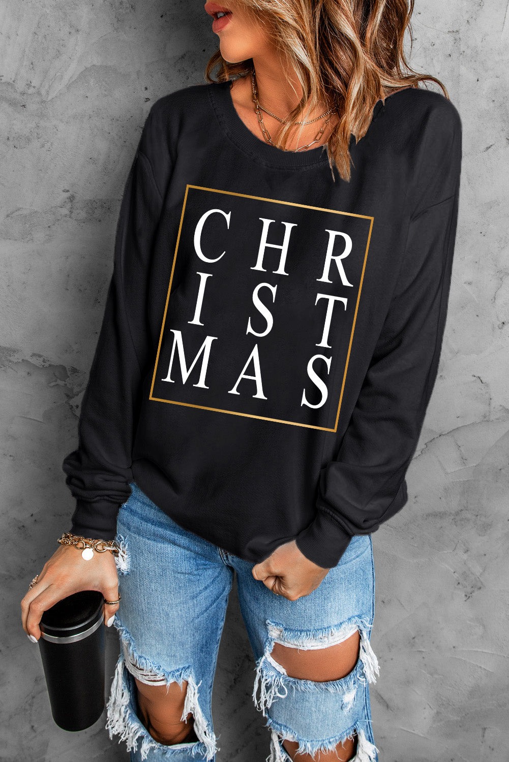 Black CHRISTMAS Glitter Print Crew Neck Graphic Sweatshirt