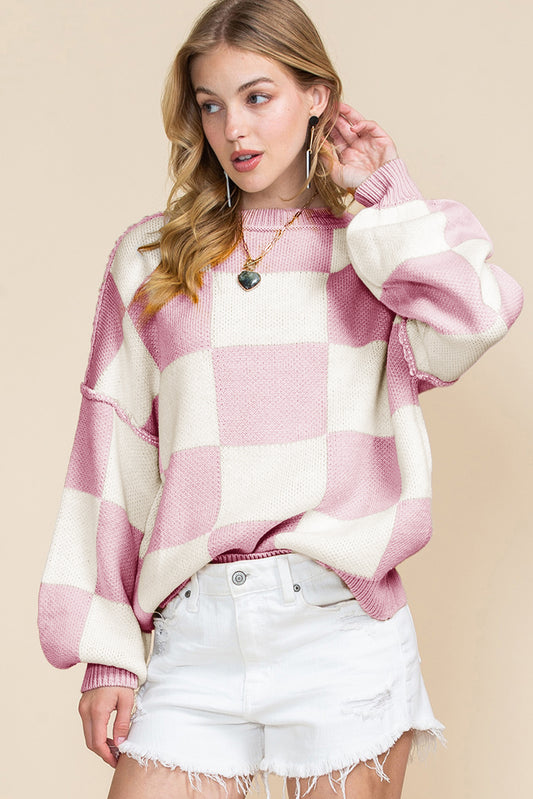 Green Checkered Bishop Sleeve Pullover Sweater