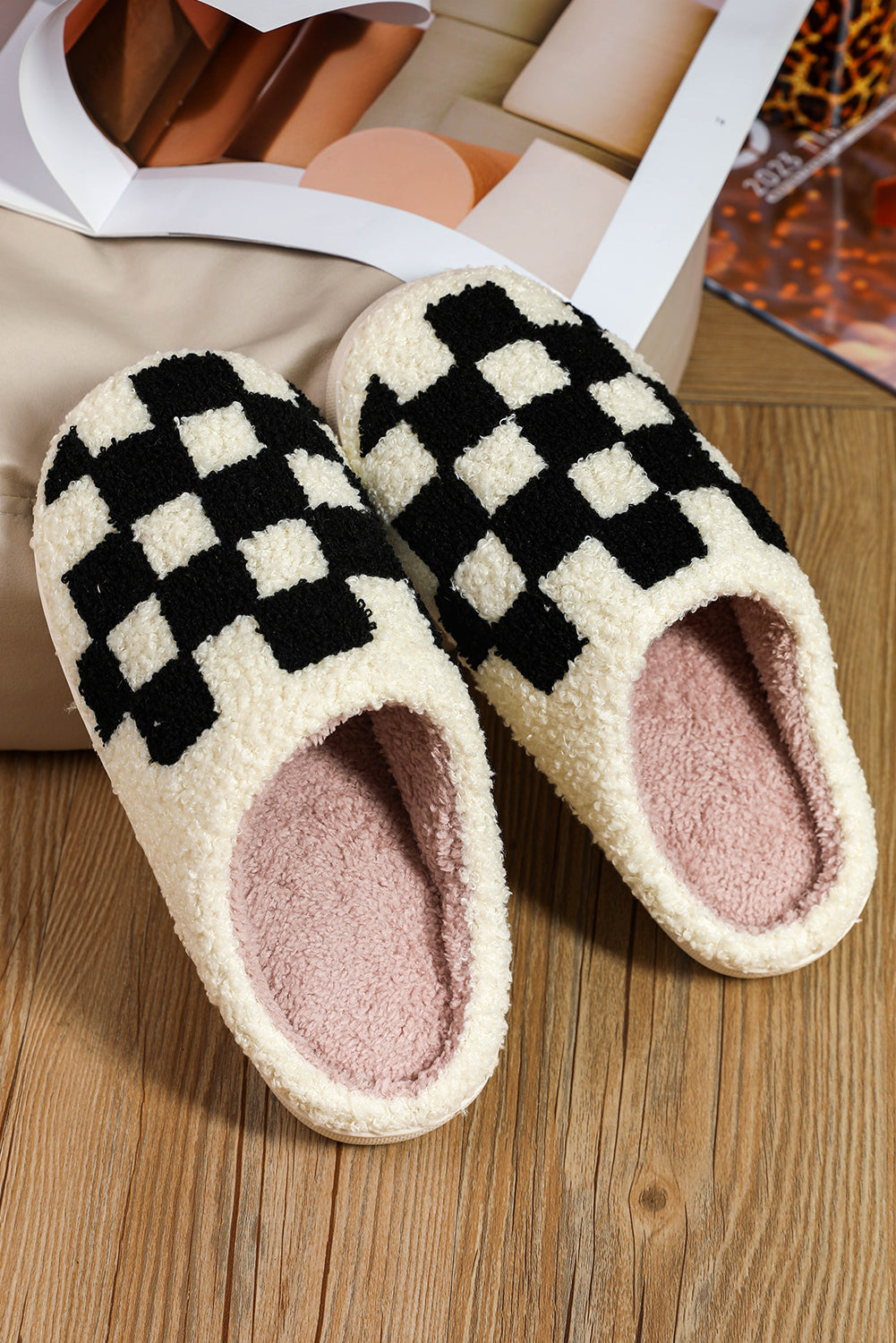 Black Checkered Print Fuzzy Slip On Winter Slippers