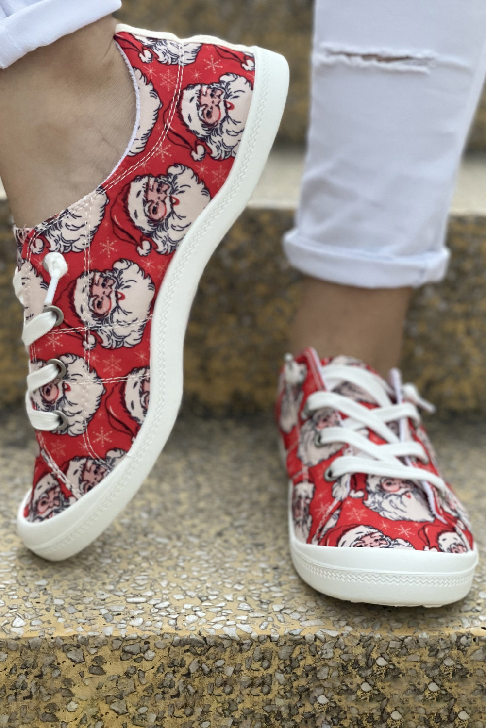 Christmas Santa Red & White Print Lace Up Flat Sneakers