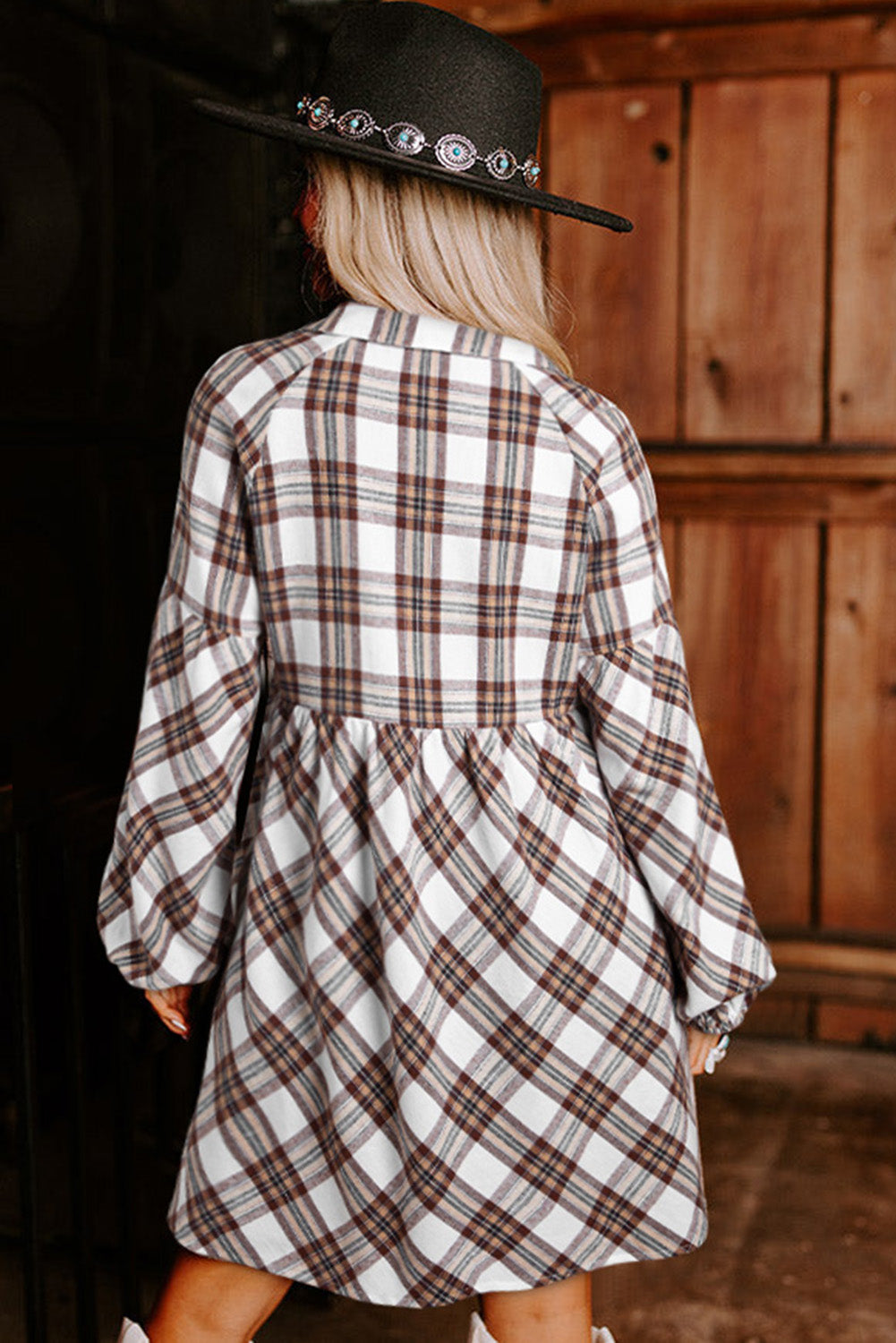 Country Love Dress - White Plaid Bubble Sleeve Flowy Shirt Dress