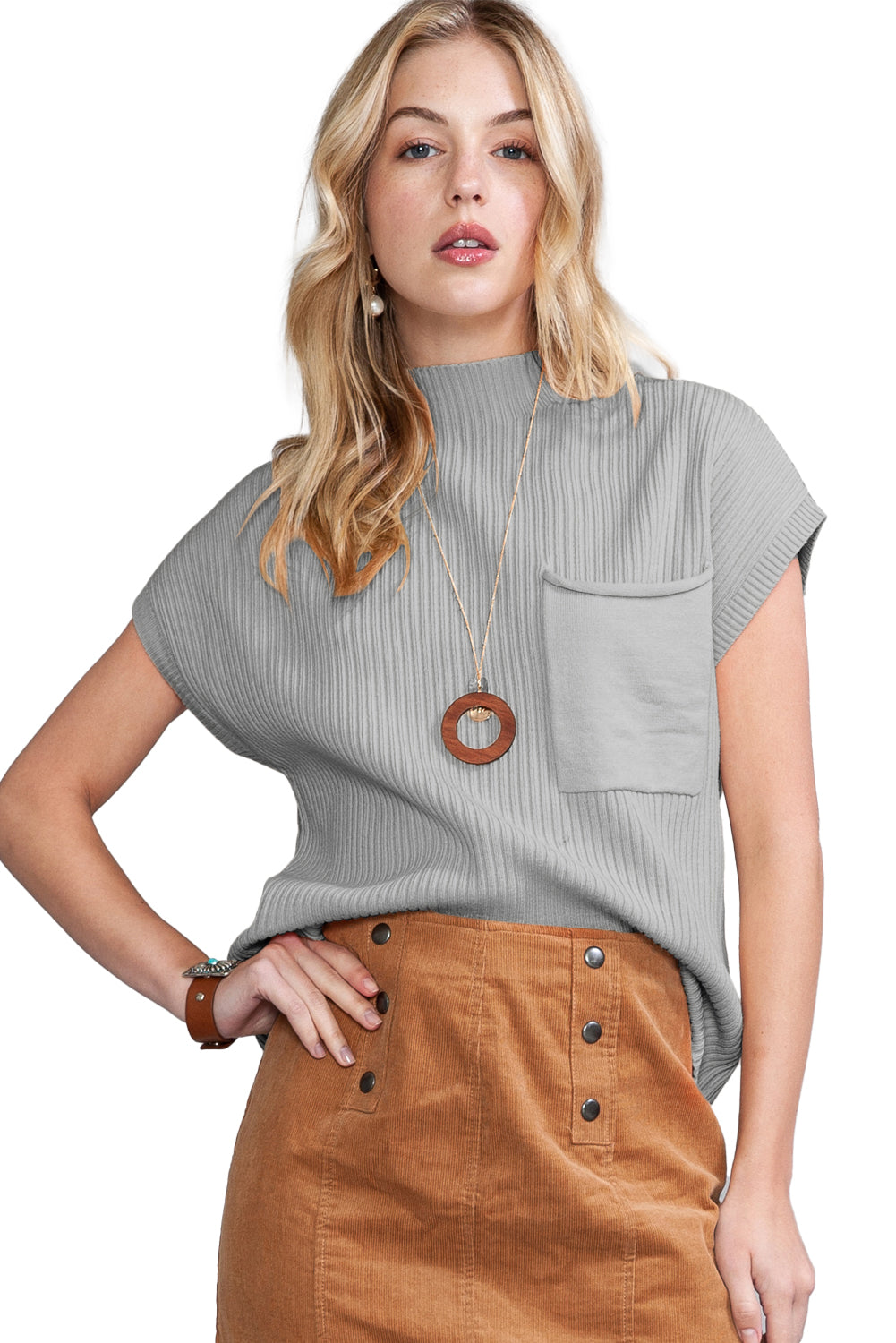 Gold Flame Patch Pocket Ribbed Knit Short Sleeve Sweater