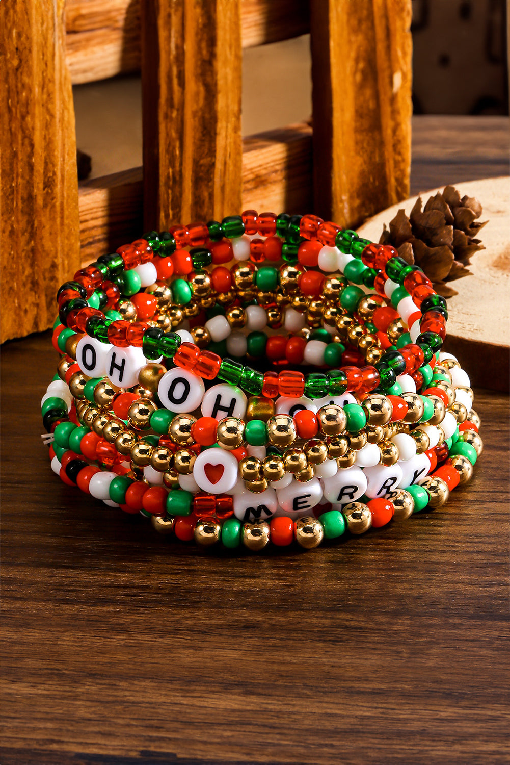 Beaded Multi-Layer Bracelet - Fiery Red HO HO HO MERRY