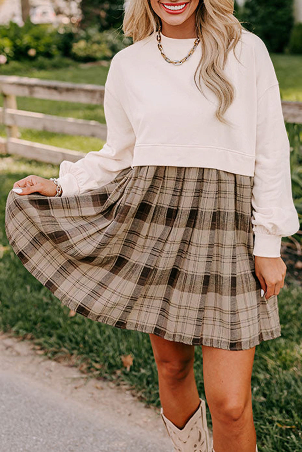 Fall Ready - Beige Plaid Patchwork High Waist Sweatshirt Mini Dress