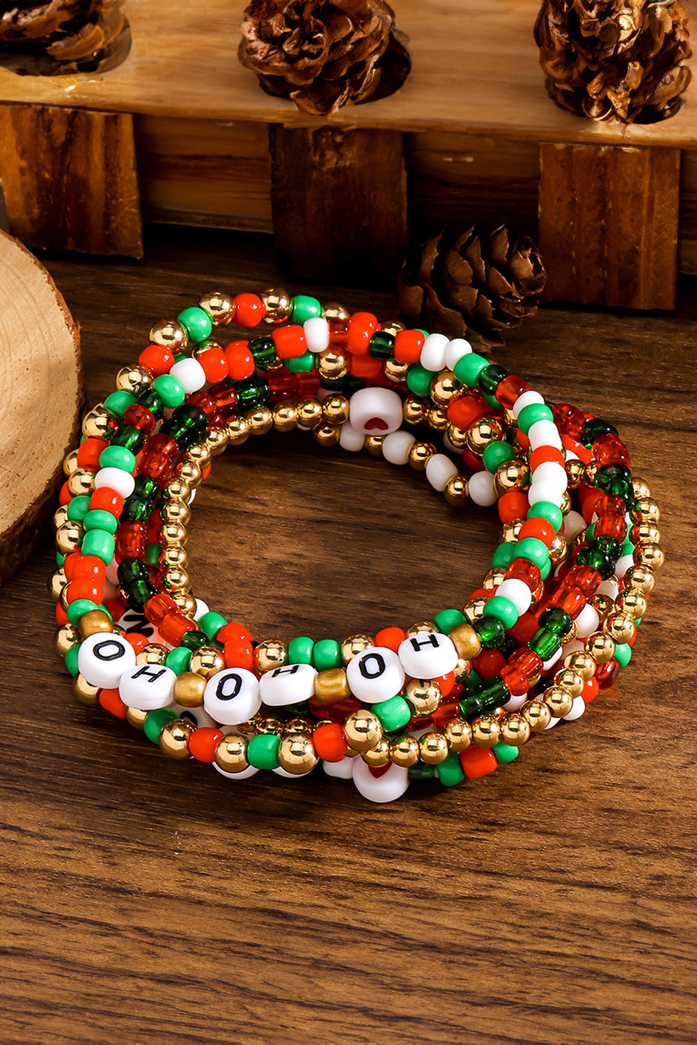 Beaded Multi-Layer Bracelet - Fiery Red HO HO HO MERRY