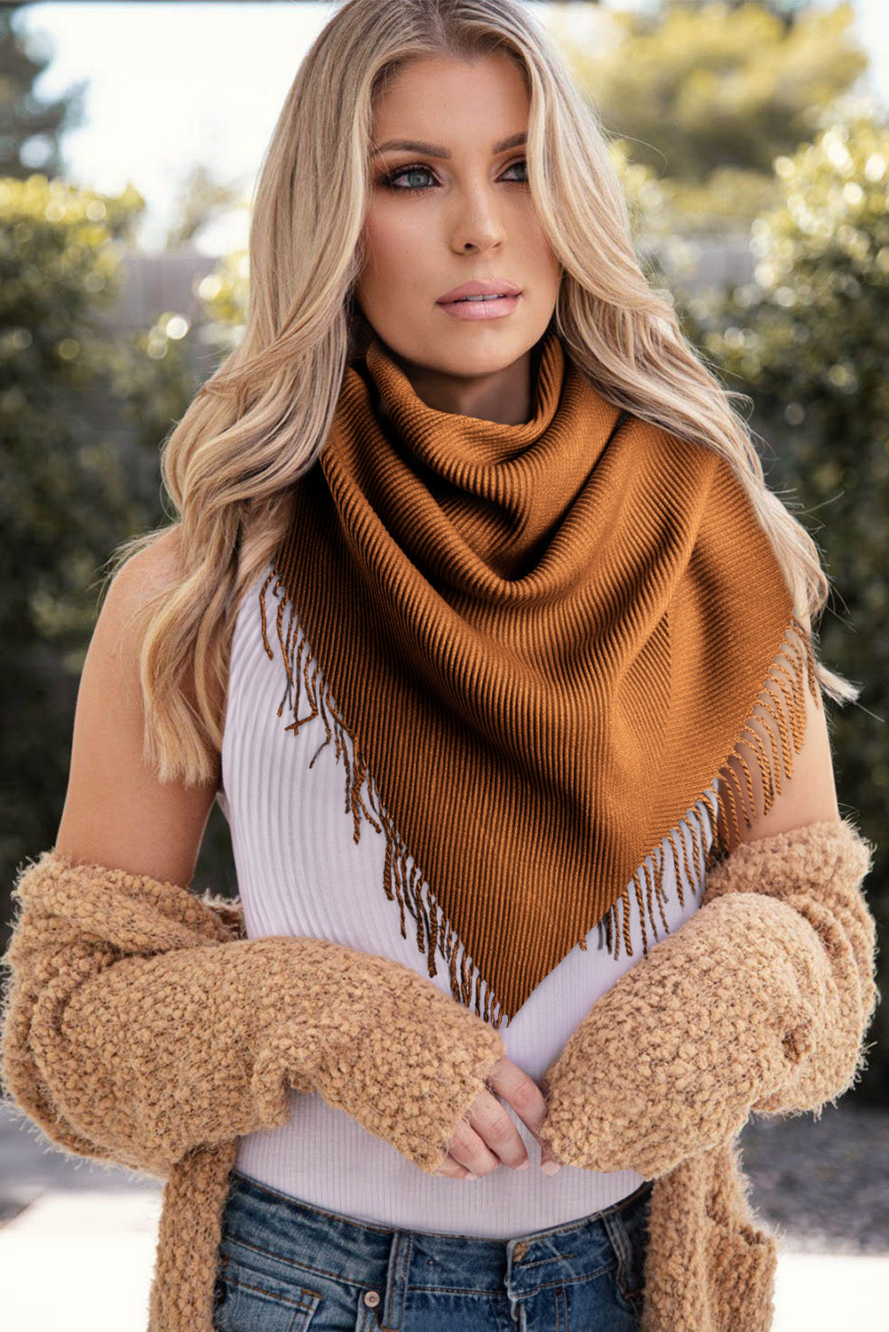 Khaki Bohemian Fringe Trim Textured Scarf