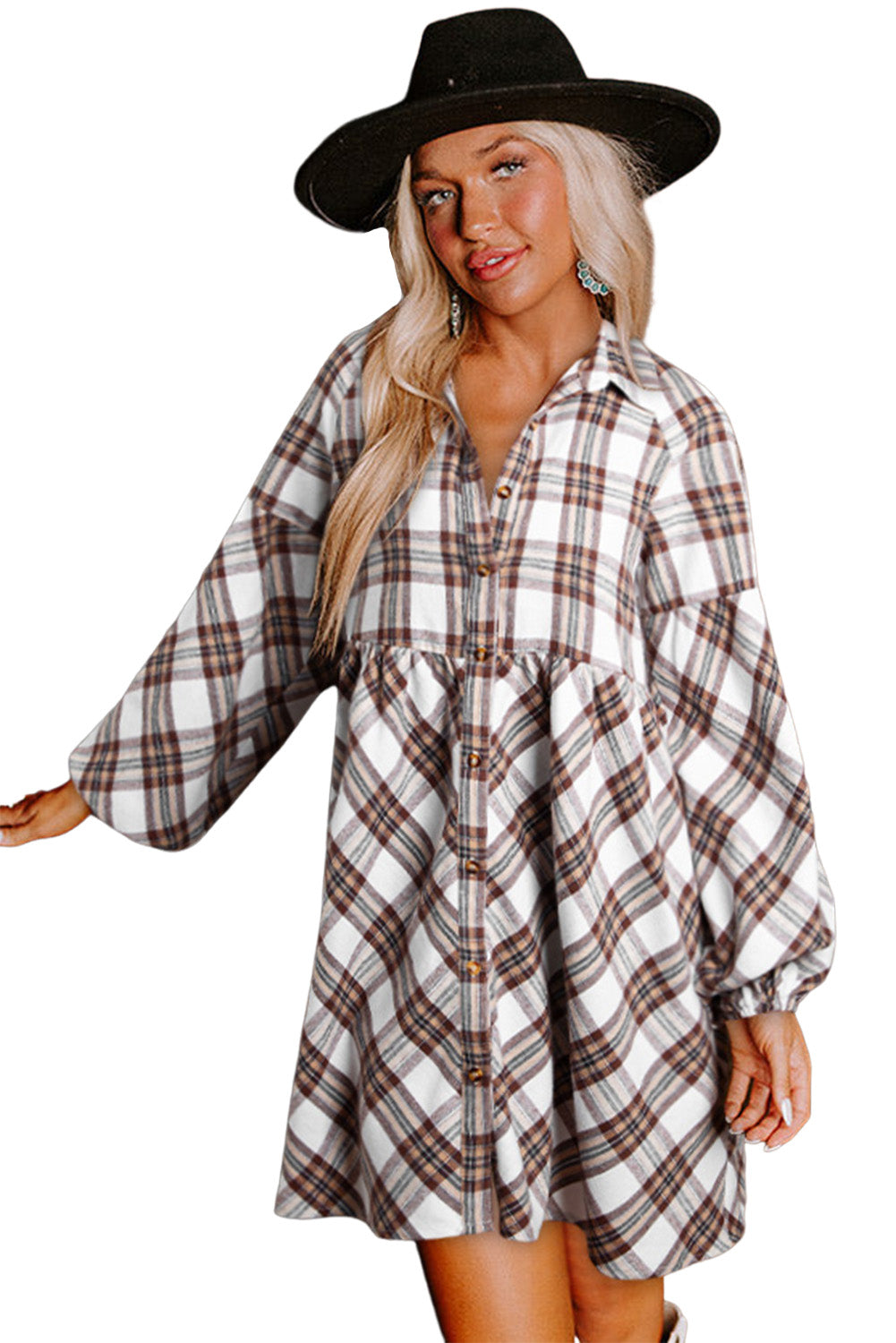 Country Love Dress - White Plaid Bubble Sleeve Flowy Shirt Dress