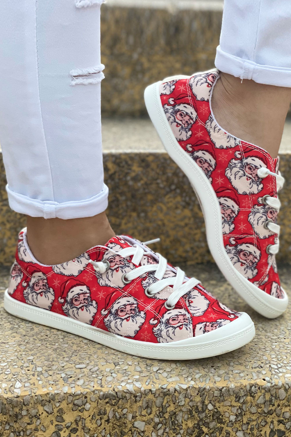 Christmas Santa Red & White Print Lace Up Flat Sneakers