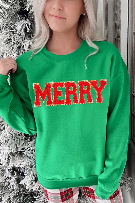 Cute Green Christmas Chenille MERRY Graphic Crew Neck Sweatshirt