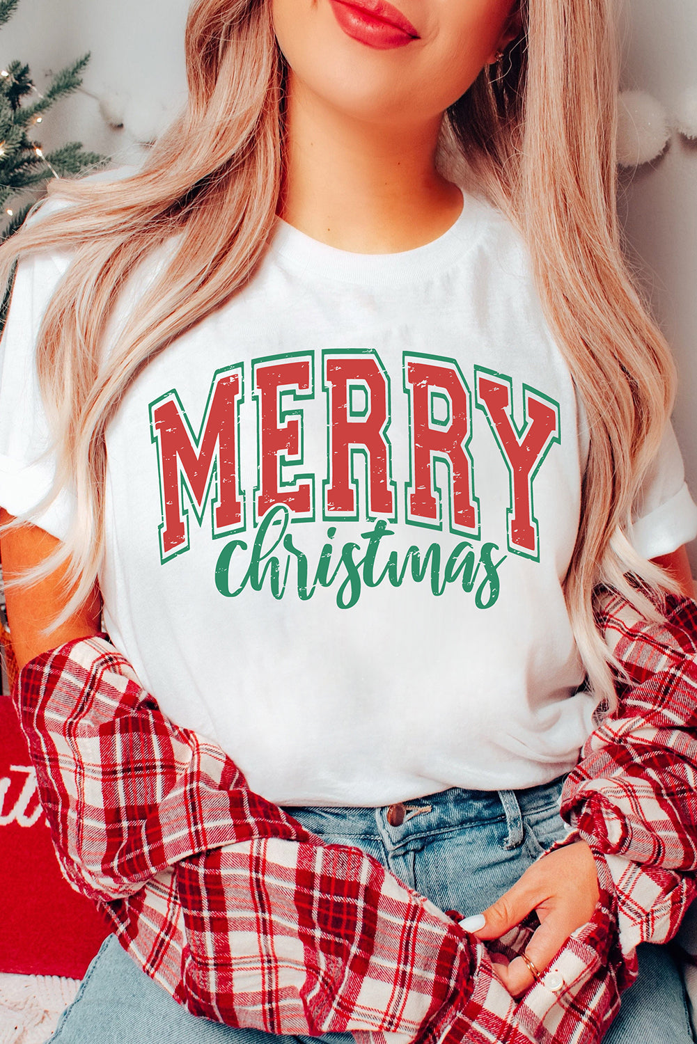 MERRY Christmas Graphic Round Neck T Shirt white