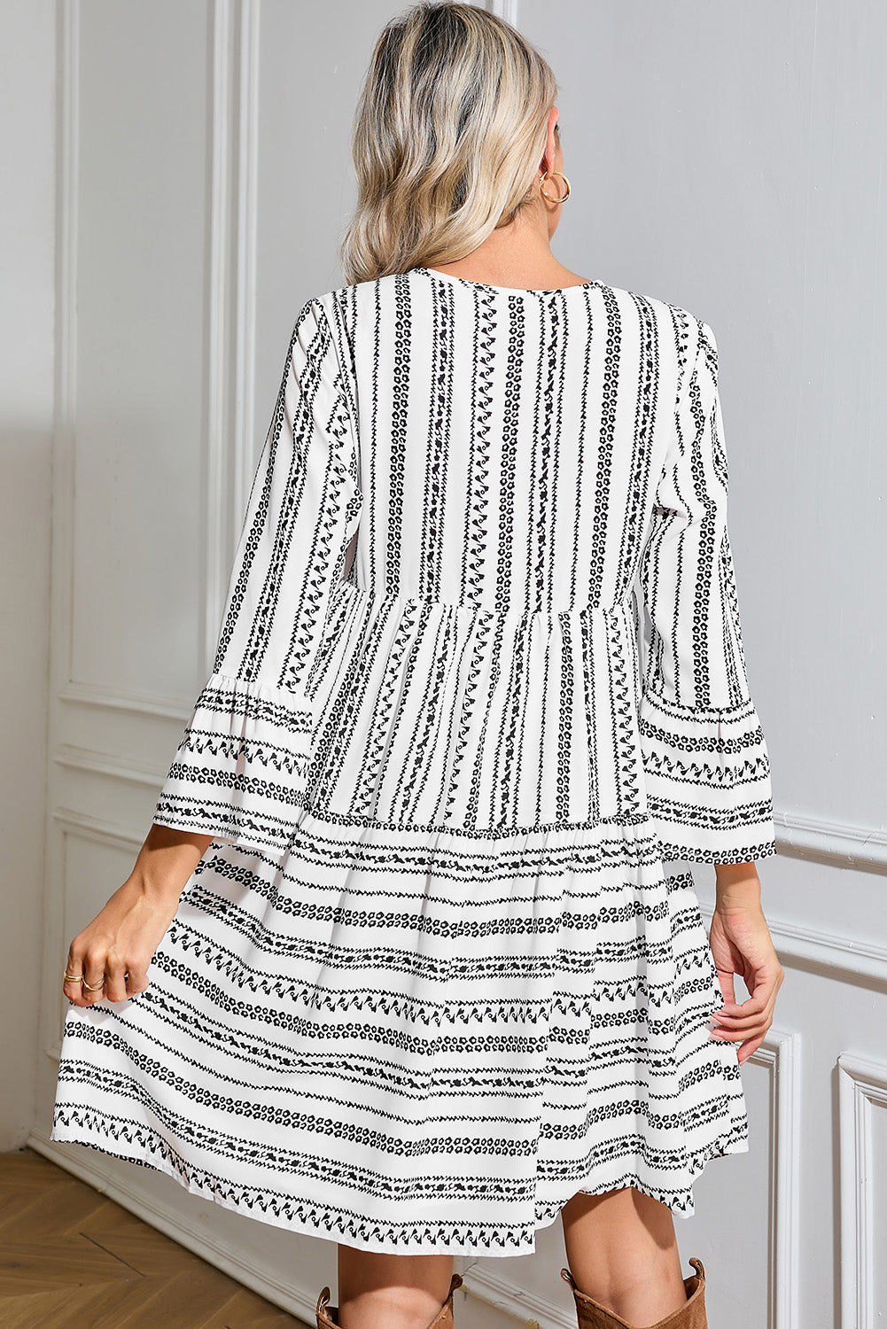 Black Striped Fringe Tie Neck Bell Sleeve V Neck Mini Dress