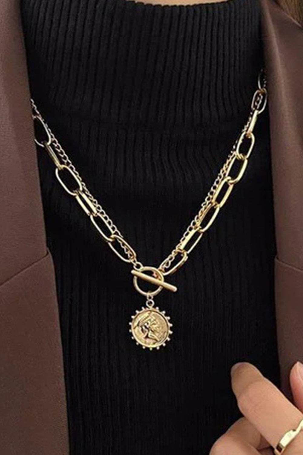 Gold Plated Vintage Carved Coin Pendant Link Chain Necklace