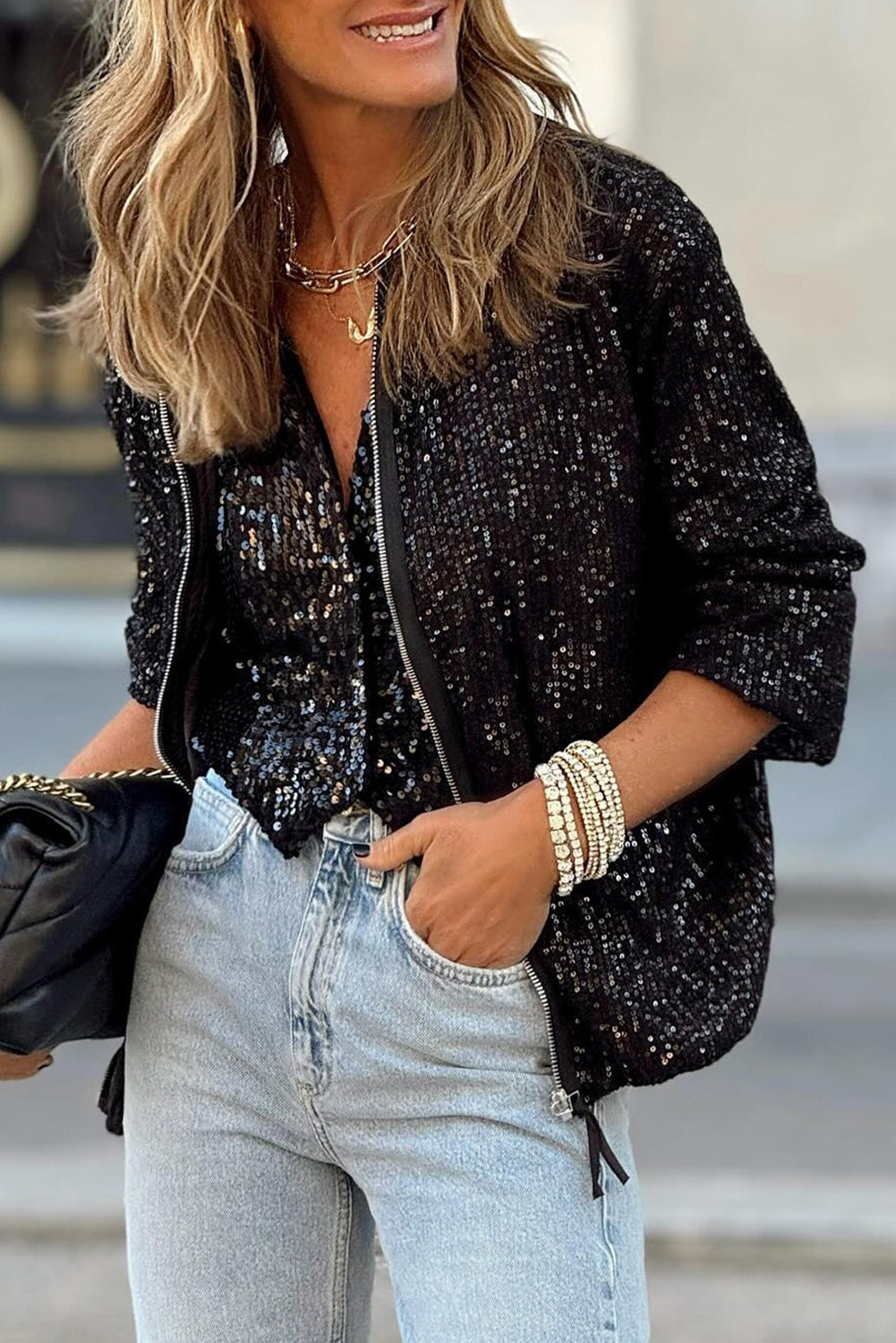 Nacklin Black Sequin Zipper-up Jacket