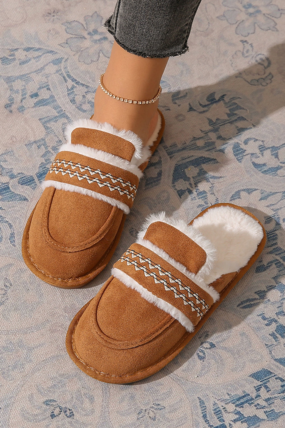 Gray Suede Wavy Striped Plush Lined Home Slippers