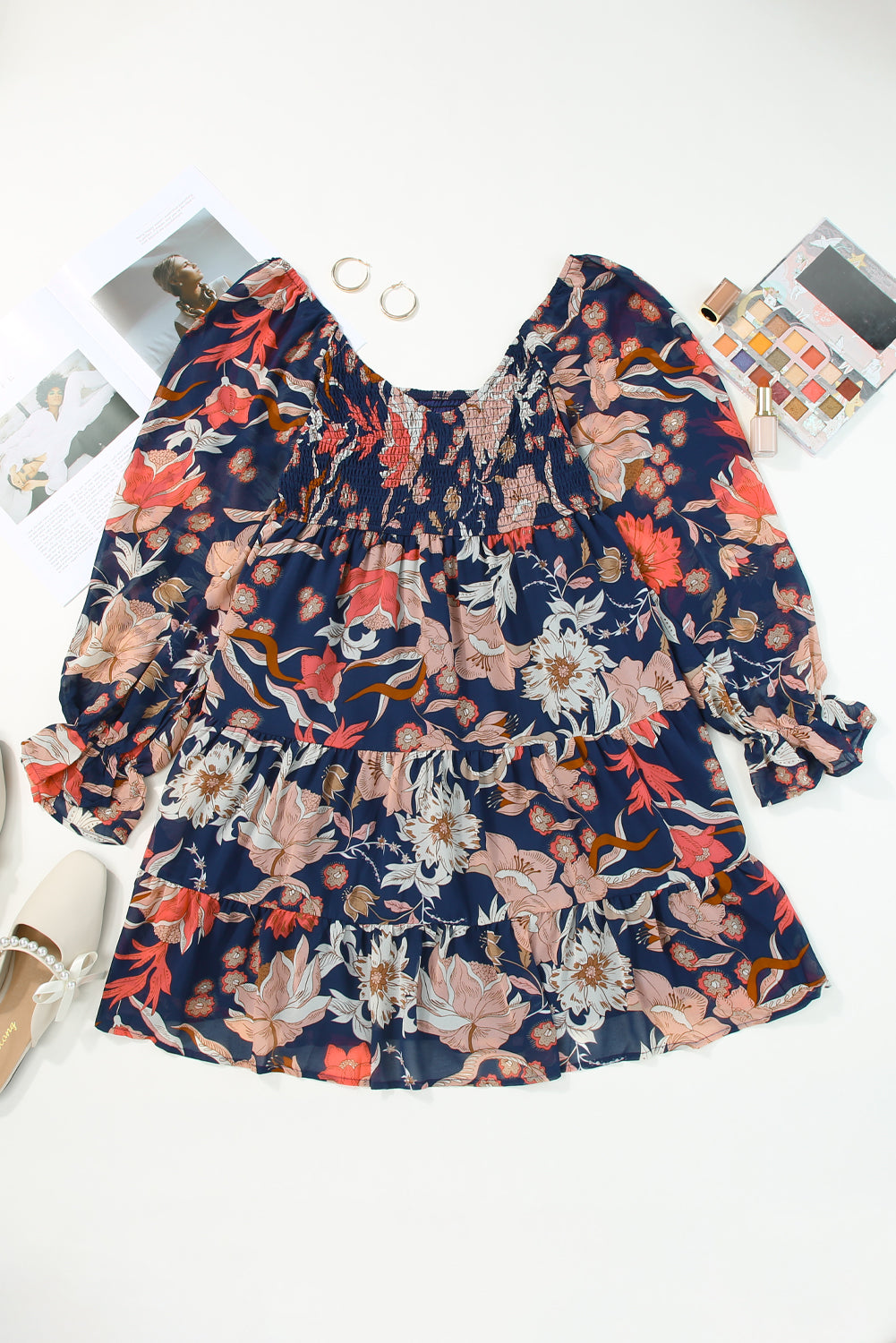 Dark Blue Floral Smocked Tiered Ruffle Puff Sleeve Short Dress