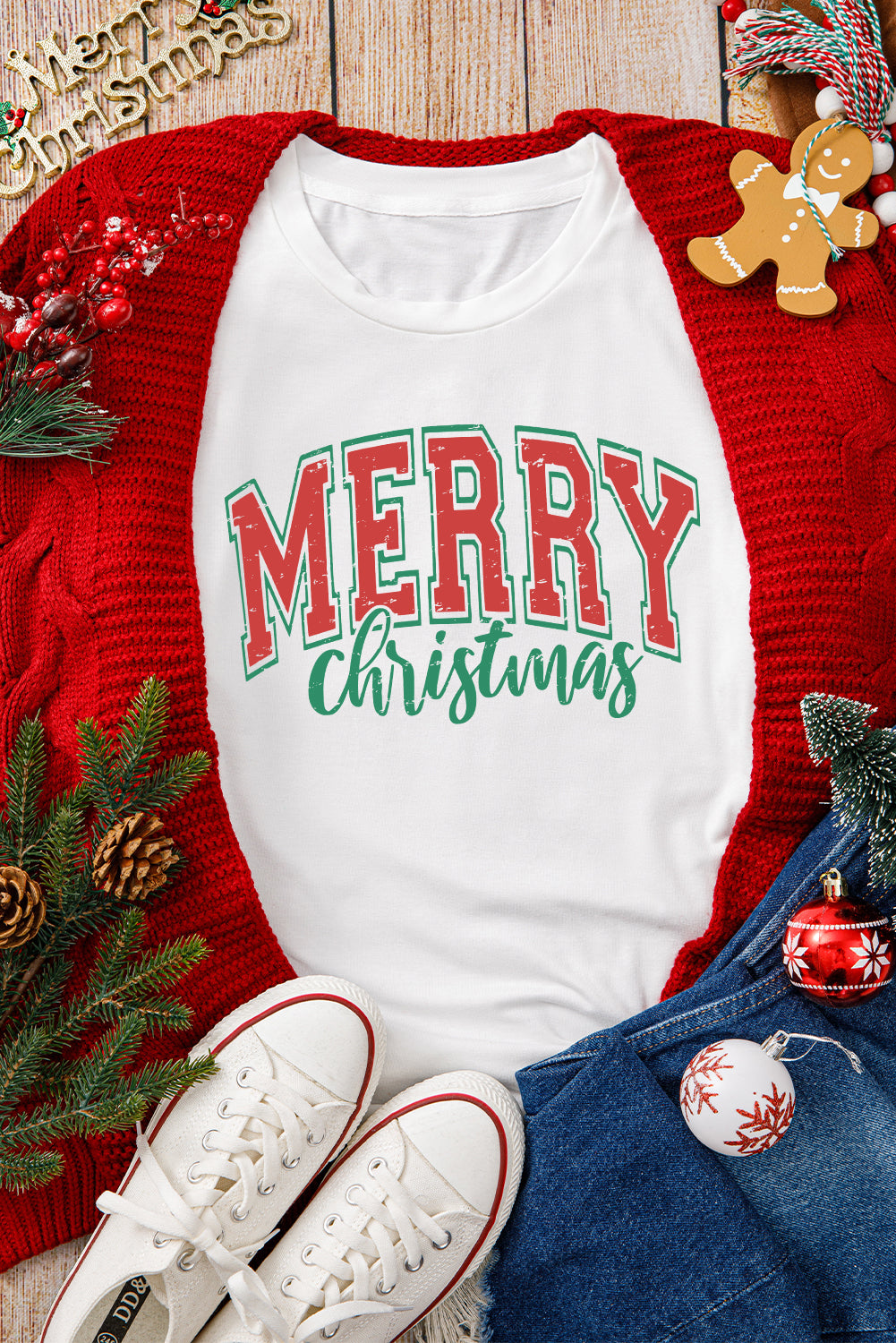 MERRY Christmas Graphic Round Neck T Shirt white