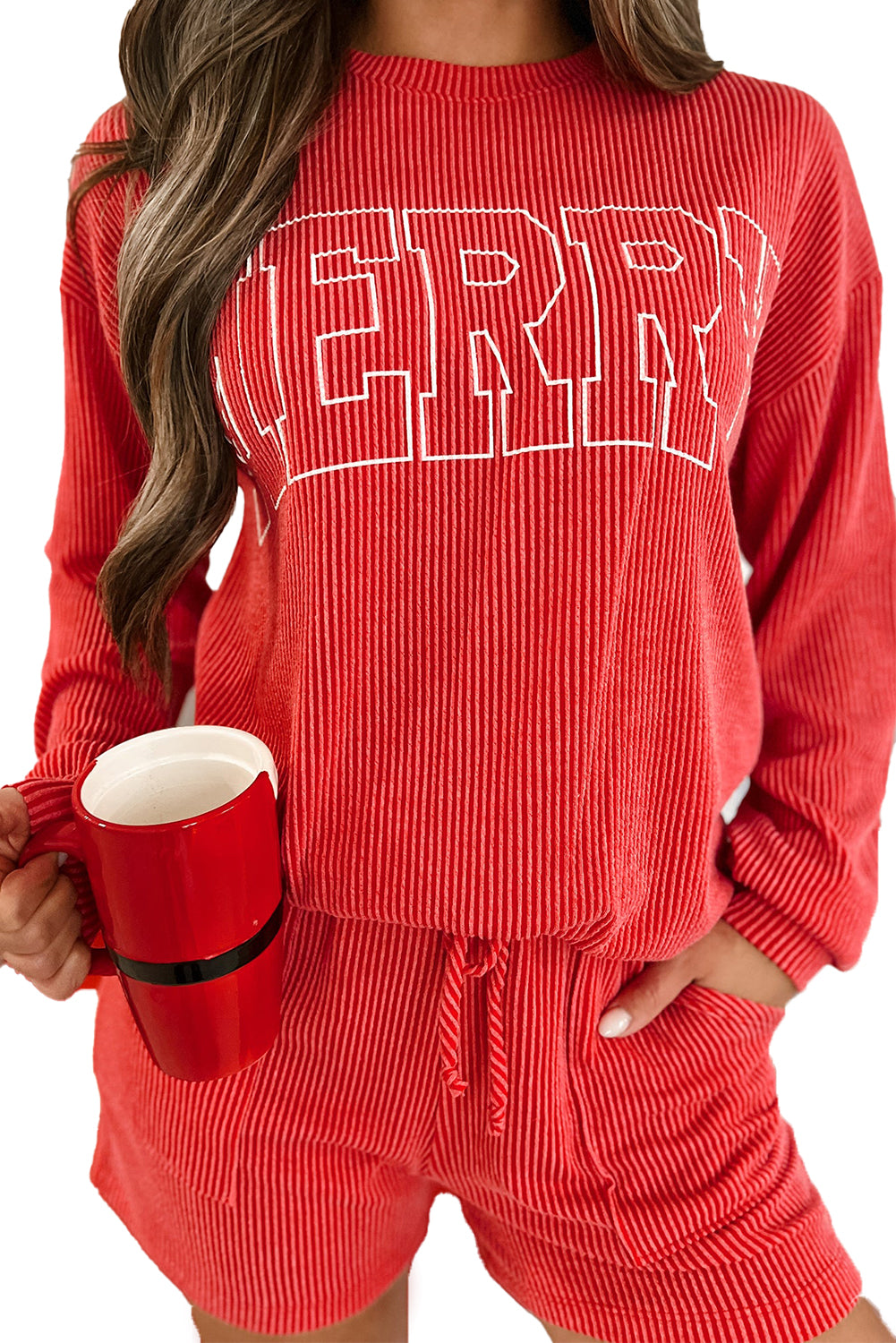 Hot Evergreen Corded MERRY Long Sleeve Top and Shorts Pajama Set