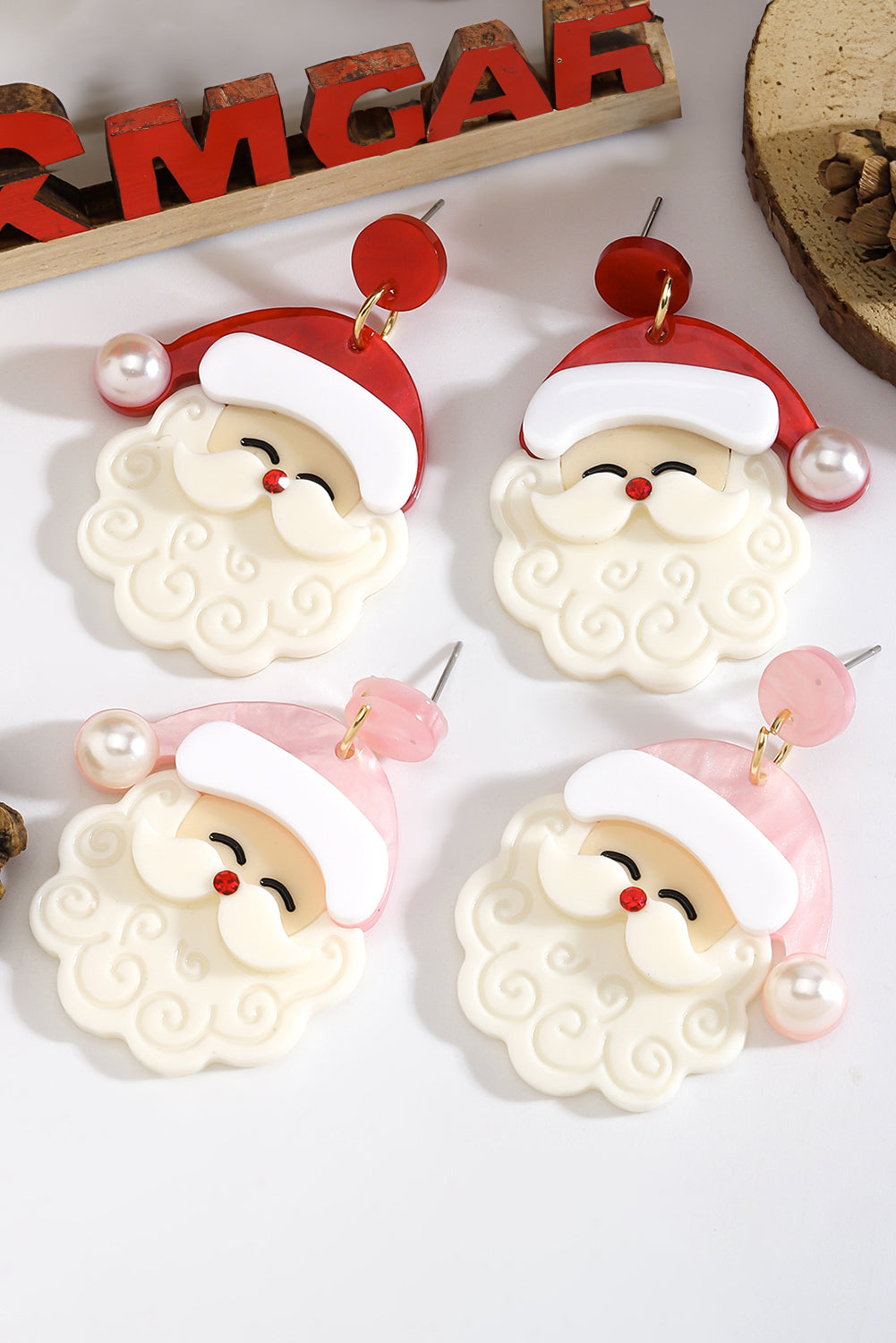 Cute Santa Christmas Earrings -White Bright Pearl Decor