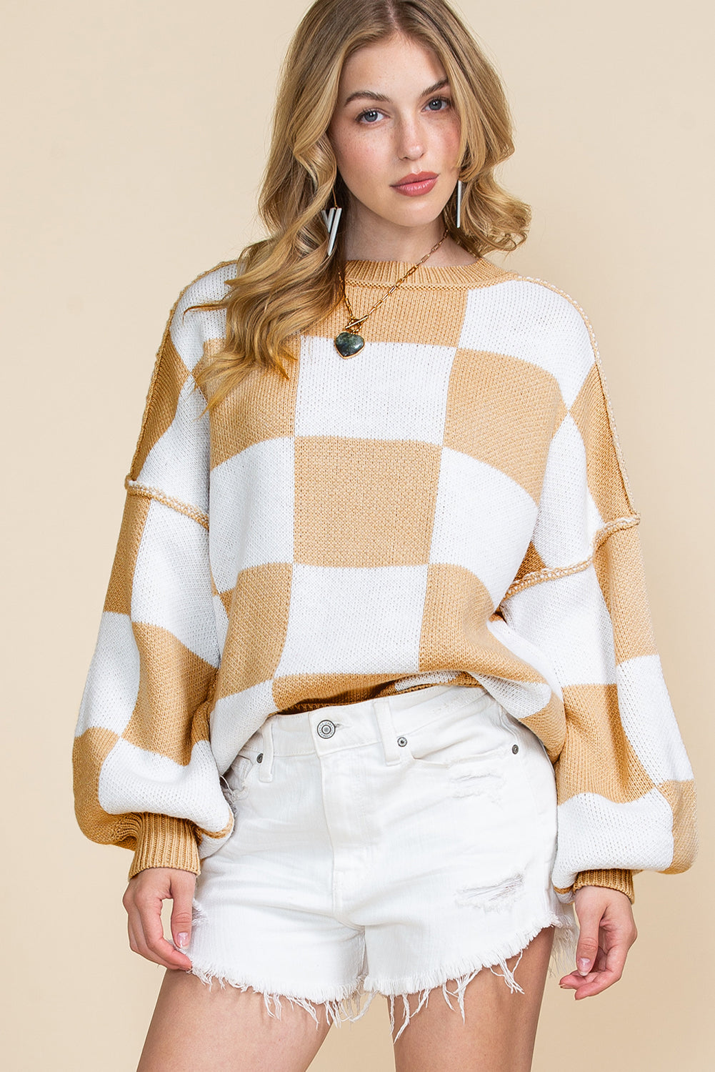 Green Checkered Bishop Sleeve Pullover Sweater