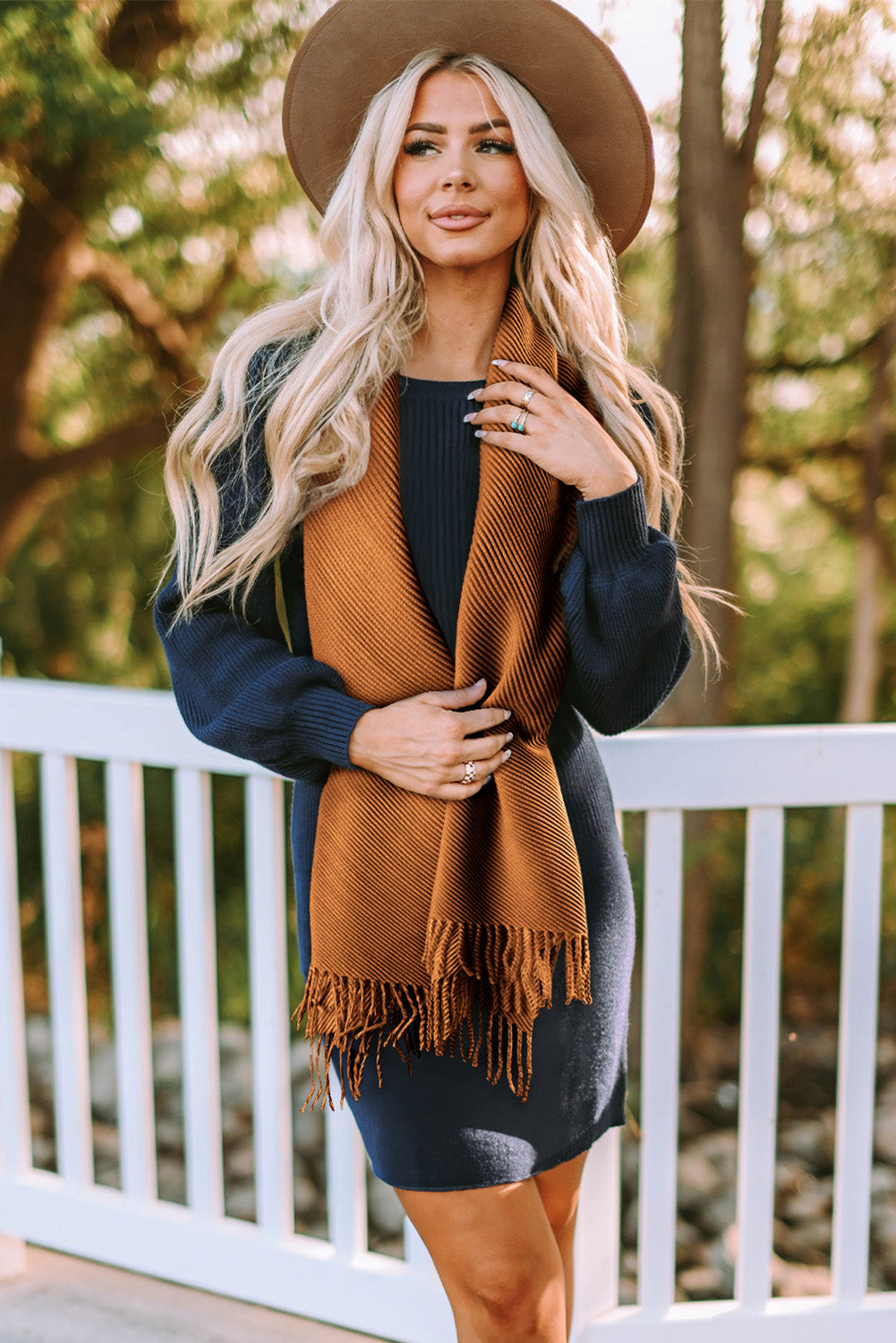 Khaki Bohemian Fringe Trim Textured Scarf