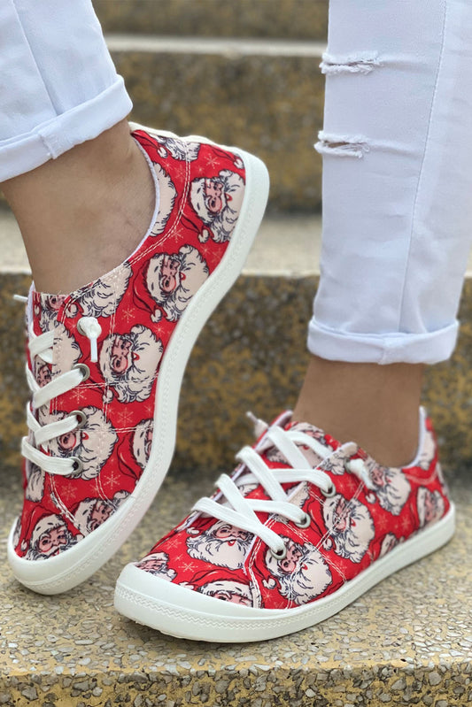 Christmas Santa Red & White Print Lace Up Flat Sneakers