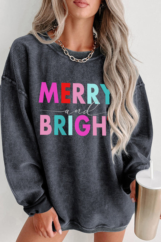 MERRY and BRIGHT Sweatshirt - Gray Corded Drop Shoulder Graphic Sweatshirt