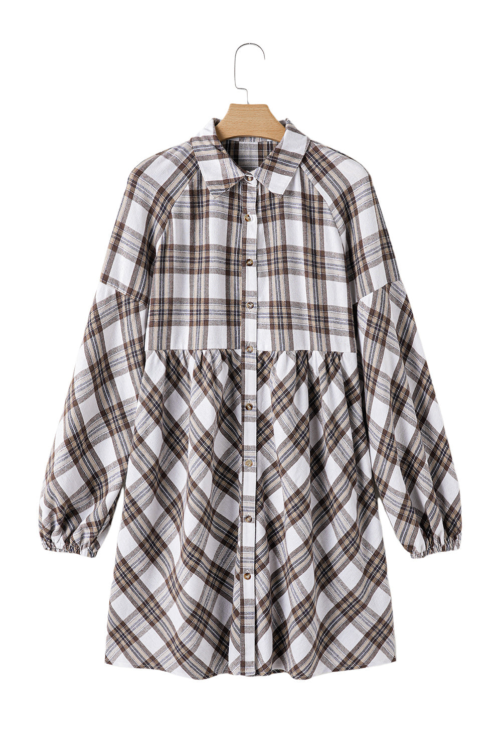 Country Love Dress - White Plaid Bubble Sleeve Flowy Shirt Dress