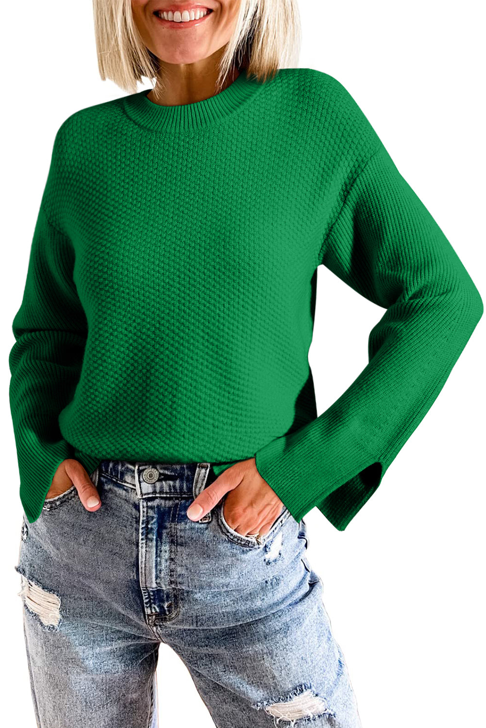 Dark Green Textured Knit Split Cuff Drop Shoulder Loose Sweater