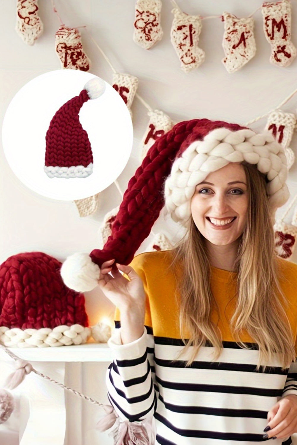 Crochet Santa Hat - Red Dahlia Color Block Pom Pom Decor Chunky Knitted Christmas Hat