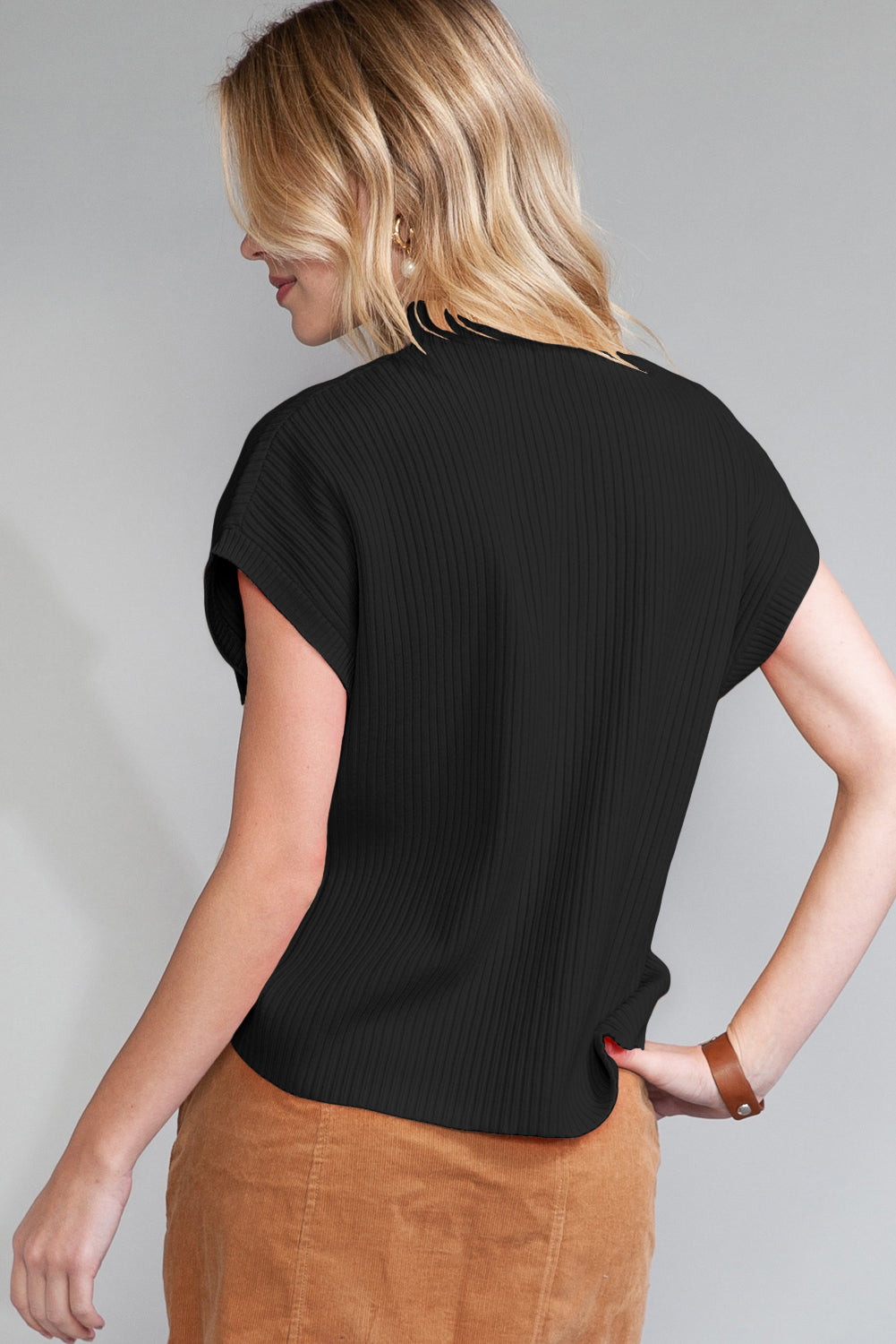 Gold Flame Patch Pocket Ribbed Knit Short Sleeve Sweater