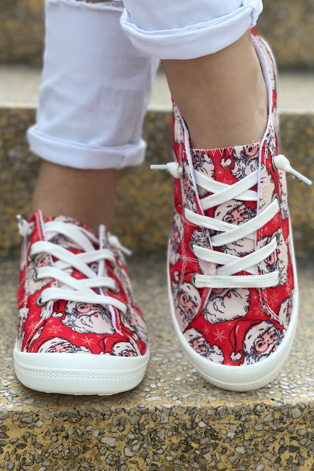 Christmas Santa Red & White Print Lace Up Flat Sneakers